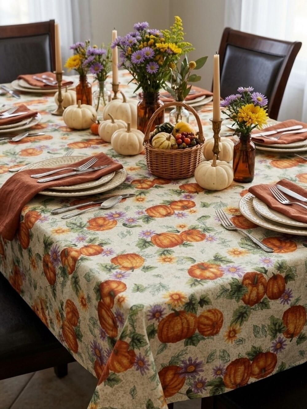 Autumn Harvest Fall Pumpkin Tablecloth Dining Decor Rectangle 76 1/2" X 56"